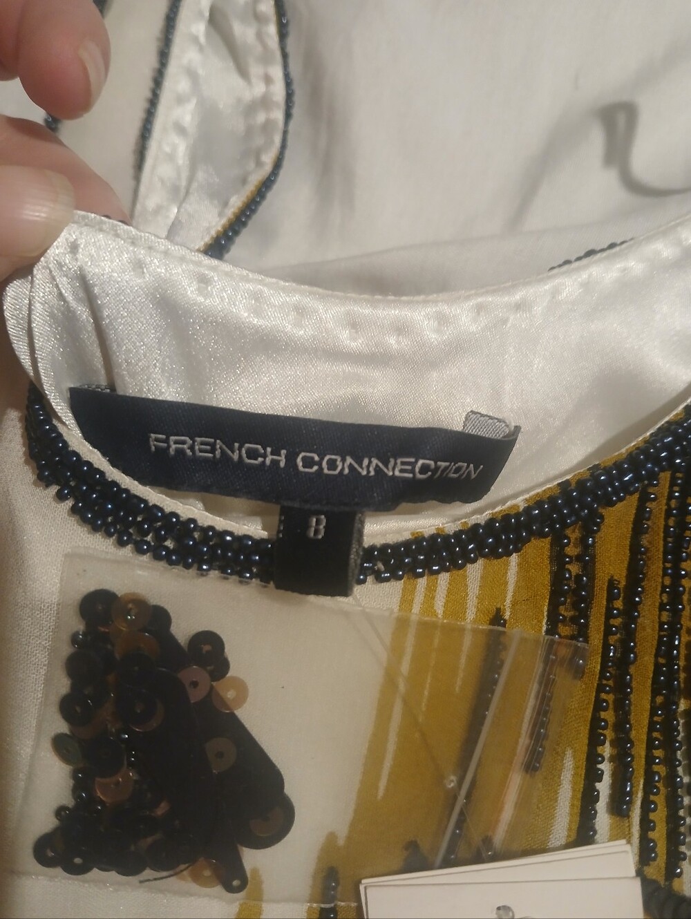 French Connection White Tank Dress with Gold and Black Sequin Appliqués - Picture 3 of 4